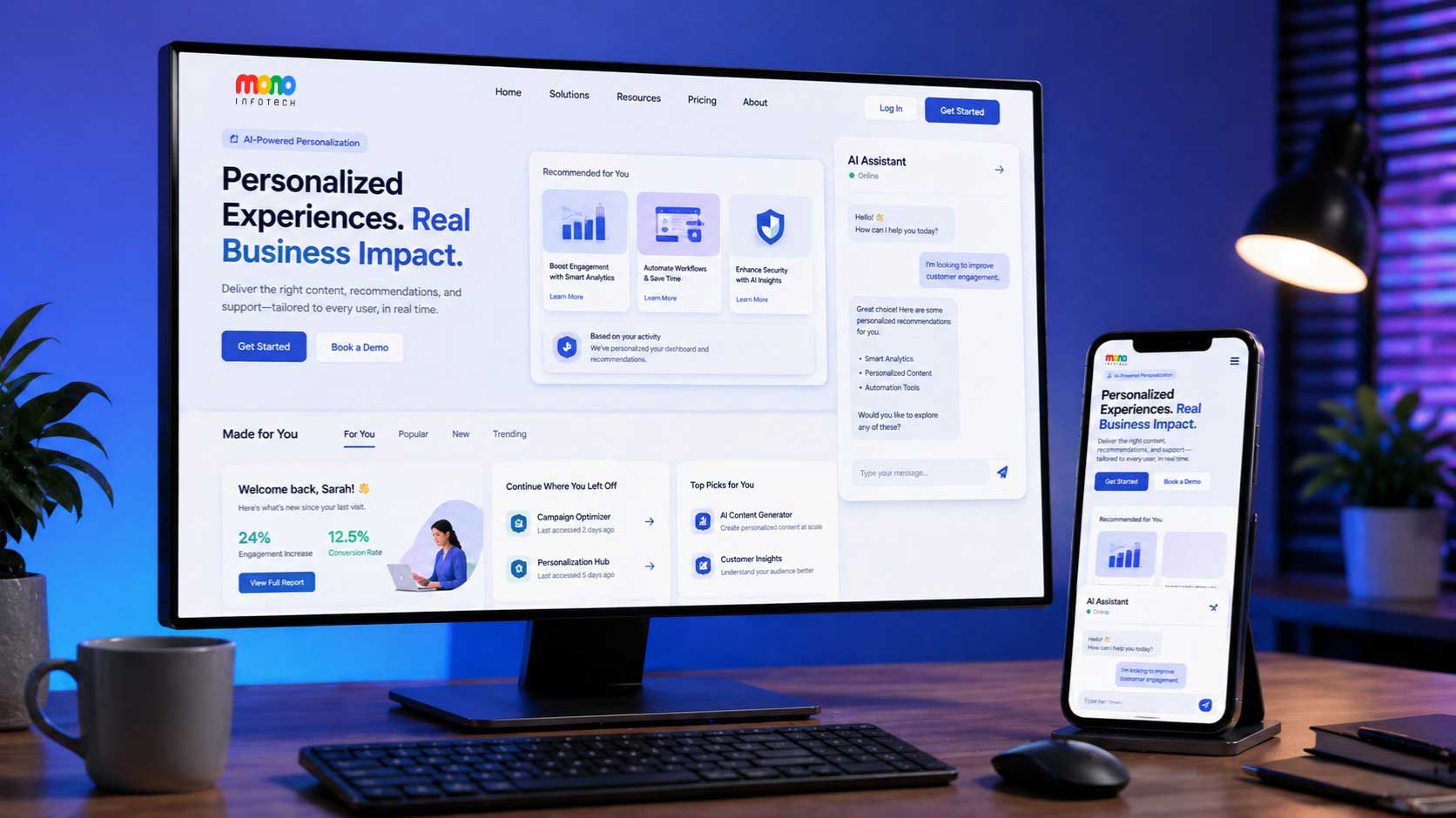 AI-powered website personalization dashboard with chatbot, recommendations, and responsive design on desktop and mobile