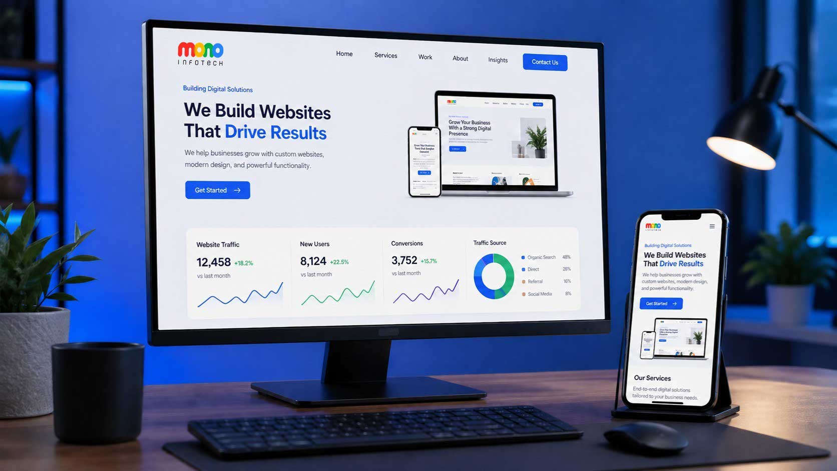 Modern web development workspace showing business website design on desktop and mobile with analytics dashboard and responsive UI
