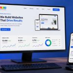 Modern web development workspace showing business website design on desktop and mobile with analytics dashboard and responsive UI